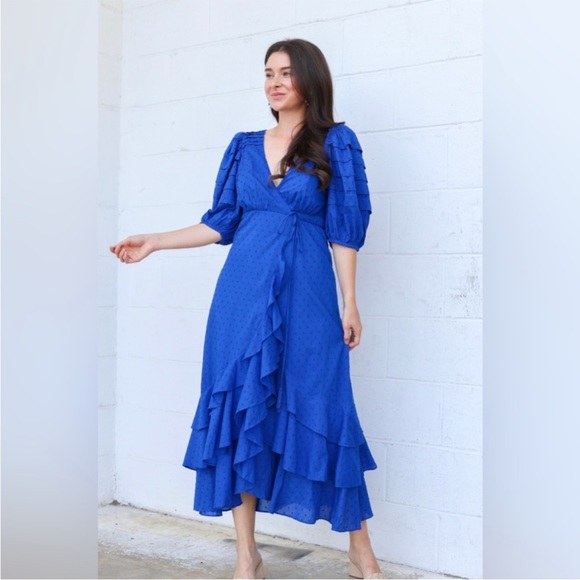 NWT Farm Rio Blue Ruffle Wrap Dress Size S - Picture 6 of 10